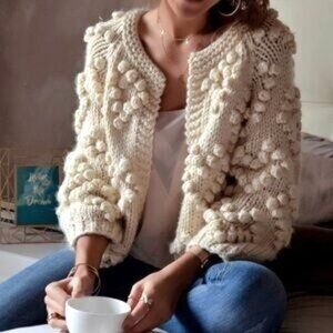 Chicwish Cottage Core Handmade Wool Cream Chunky Knit Sweater Cardigan Pom Pom